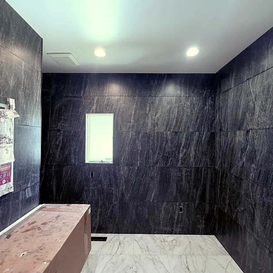Full-height stone slab bathroom, Monmouth County