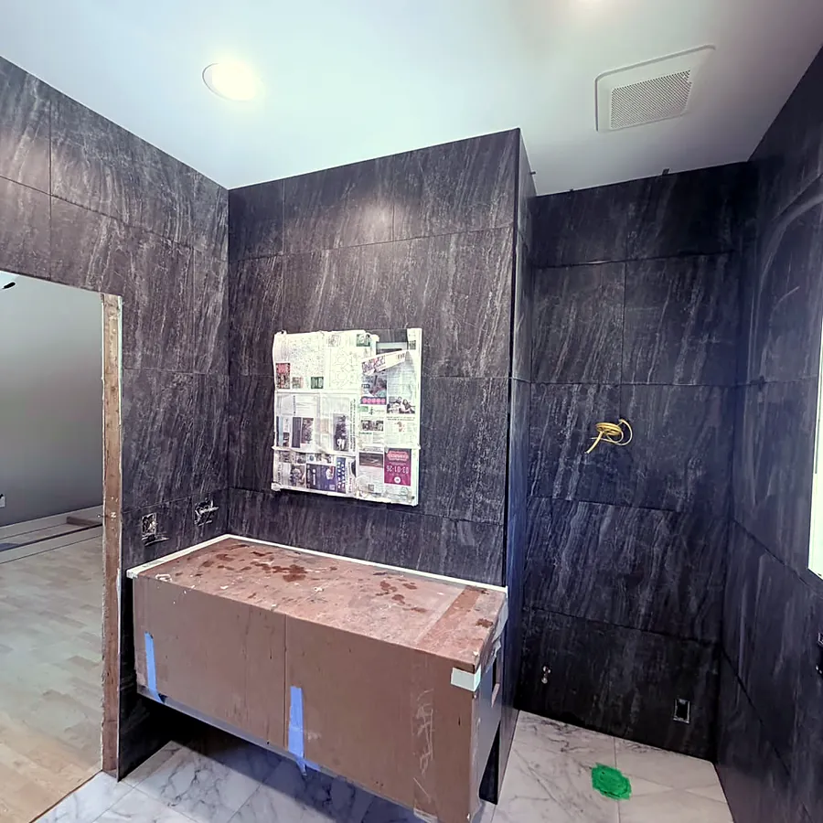 Vanity wall, marble floor transition